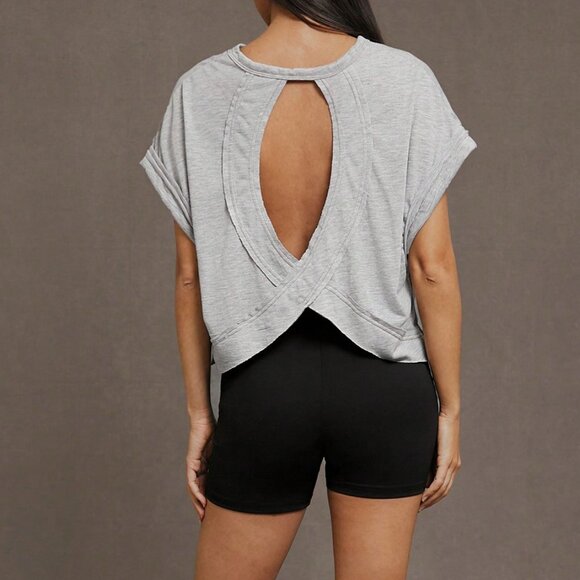 Grey Casual Women's Round Neck Hollow Out Short Front Long Back T-Shirt - Picture 4 of 7